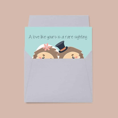 Funny Wedding Card for Newlyweds – Rare Sighting Silly Big Foot Themed Greeting for Bride and Groom Wedding Day- Congratulations to the Happy Couple 4X6 inch Card with Silver Envelope Included - style: Bigfoot