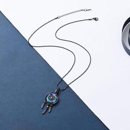 constantlife Circle of Life Dreamcatcher Cremation Jewelry for Ashes Stainless Steel Crystal Pendant Urn Necklace Keepsake Human Pet Memorial Gift for Women Men - color: Black-Blue