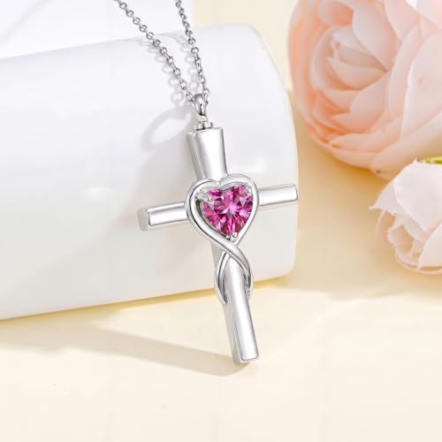 YYB Urn Necklace for Ashes Women Heart Birthstone Cross Cremation Jewelry | Memorial Keepsake Funeral Jewelry for Loved Ones (with Funnel Filler) - color: 10-Oct-Pink Tourmaline
