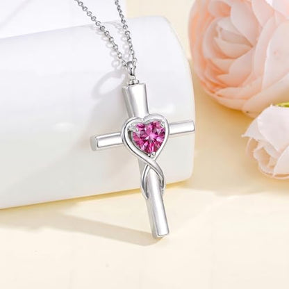 YYB Urn Necklace for Ashes Women Heart Birthstone Cross Cremation Jewelry | Memorial Keepsake Funeral Jewelry for Loved Ones (with Funnel Filler) - color: 10-Oct-Pink Tourmaline