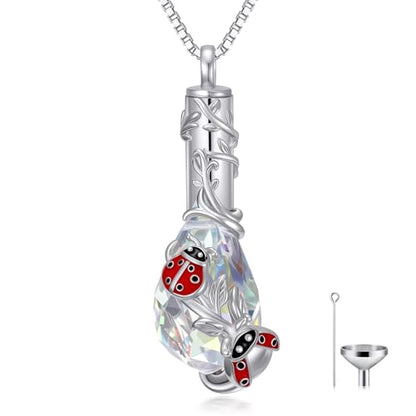 JKR Heart Urn Necklace for Ashes Crystal Keepsake Pendant Memorial Jewelry - style: Ladybug-Teardrop