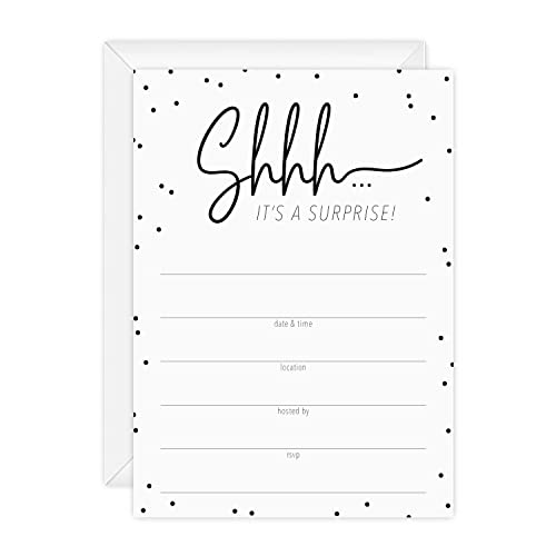 Canopy Street Surprise Party Fill In Invitations / 25 General Invites With White Envelopes / 5" x 7" Modern All Occasion Black And White Confetti Invites/Birthday Party Announcements - style: Surprise