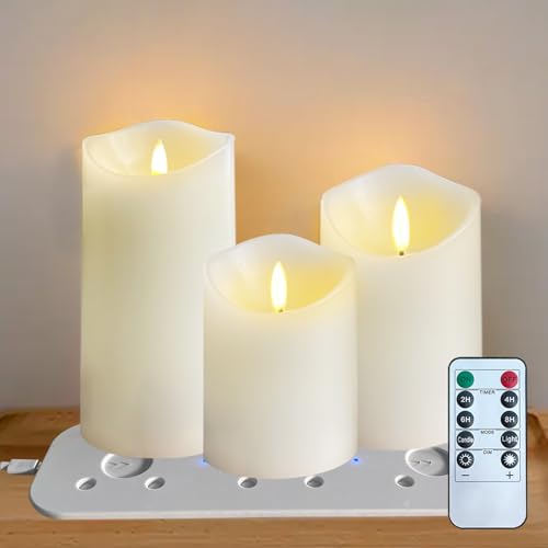LEDHOLYT Rechargeable Flameless Candle, Flashing LED Pillar Real Wax Candle with Remote Control and Timer,Decorative Electronic Candles, 1 Set of 3 - color: White-Droplet 3Pcs