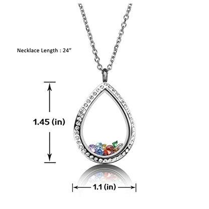 Jovivi Teardrop/Heart Floating Charm Memory Locket Necklace - 316 Surgical Stainless Steel Buckle Closure - color: Teardrop with Crystals