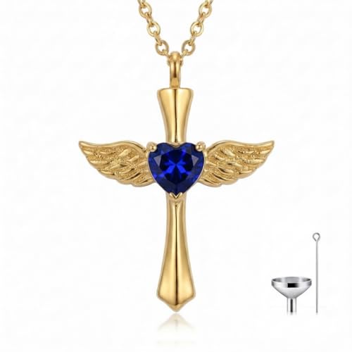 14K Gold Angel Wings Cross URN Necklace Cremation Necklaces for Ashes Embellished with Birthstone, Yellow Gold Fine Keepsake Memorial Jewelry - color: September Birthstone