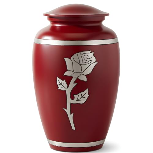 Red Rose Cremation Urn for Ashes Adult Female, 220 Cubic Inches | Hand-Engraved Rose, Solid Metal Build, Threaded Lid, Velvet Bag Included, Burial or Display Ready, Holds 220 Pounds - color: Red