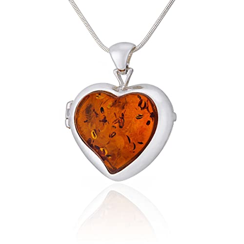 Women's Necklace, Medallion, Polished Sterling Silver with Protective Nanocoating, Amber Heart in Cognac Color, Silver Secret Pendant with Chain
