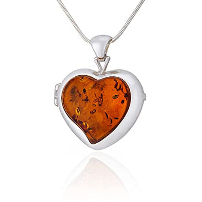 Women's Necklace, Medallion, Polished Sterling Silver with Protective Nanocoating, Amber Heart in Cognac Color, Silver Secret Pendant with Chain
