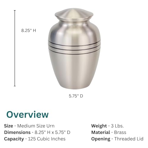 Classic Three Bands Pewter Cremation Urn for Ashes - Medium, Brass, Silver Urn, Medium Sized Cremation Urn, 8.25 Inches High - size: Medium Urn