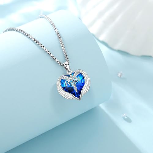Angel Wings Necklace 925 Sterling Silver Guardian Angel Nurse RN Caduceus Pendant Charm Crystal Angel Jewelry Gifts for Women - style: G-Angel Wings-Nurse-RN-Blue