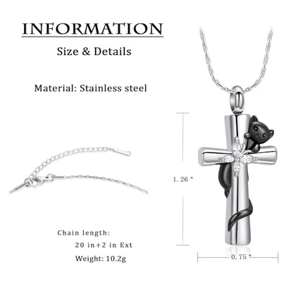 constantlife Cross Urn Necklace for Ashes Cat Butterfly Cremation Jewelry for Women Men Memorial Pendant Chain Human Pet Ashes Holder - color: Black