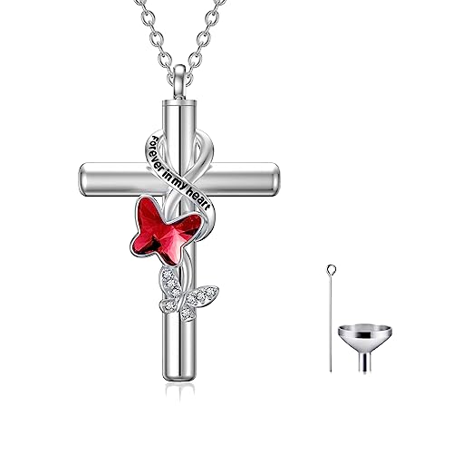 Cross Urn Necklace for Ashes 925 Sterling Silver Cremation Jewelry with Funnel Filler Kit Ashes Necklace for Human Women Girl Pets - color: A_Red Butterfly Urn Necklace, style: Non-personalized