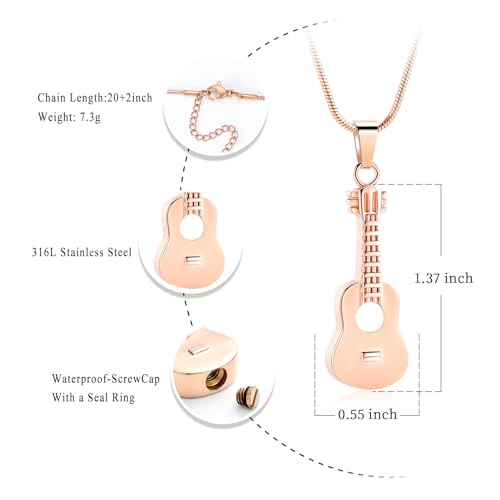 Oinsi Guitar Urn Necklace for Ashes Cremation Pendants Jewelry Ashes Holder Memorial Urn Necklace Cremation Jewelry for Human with Filling Kits - color: Rose Gold