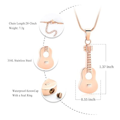 Oinsi Guitar Urn Necklace for Ashes Cremation Pendants Jewelry Ashes Holder Memorial Urn Necklace Cremation Jewelry for Human with Filling Kits - color: Rose Gold