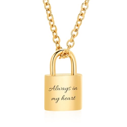 Imrsanl Padlock Cremation Jewelry for Ashes Urn Necklace for Women Men Stainless Steel Keepsake Memorial Punk Lock Pendant Ashes Holder - color: Gold-Always in my heart