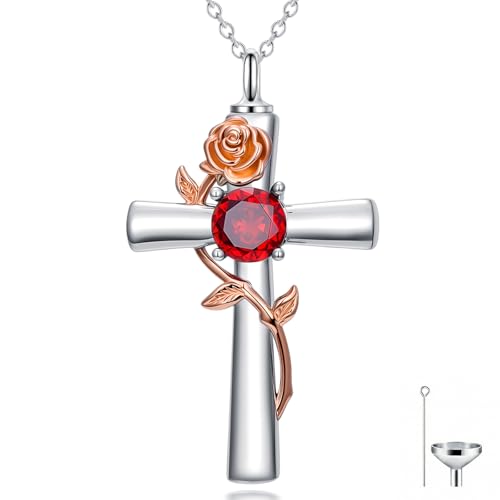 YYB Rose Flower Urn Necklaces Cross Birthstone Cremation Jewelry for Ashes Memorial Keepsake Funeral Pendant for Women - color: 07-Jul-Ruby