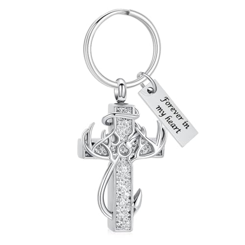 Imrsanl Cross Urn Necklace for Ashes for Women Men | Cremation Jewelry, Fish Hook Deer Antler Design Memorial Pendant, Human Pets Ashes Holder Keepsake - color: Keychain-Silver-2