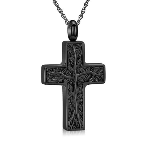 shajwo Tree of Life Cross Cremation Jewelry Urn Necklaces for Ashes | Memorial Ashes Pendant Necklace of Loved One Women Men Ashes Keepsake Necklace - color: Black