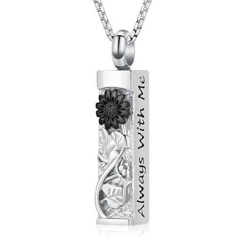 Sunflower Urn Necklace for Ashes Cylinder Ashes Pendant Flower Celtic Cremation Jewelry Keepsake Urn Pendant Vial Memorial Jewelry for Ashes for Women Men Always with Me - color: Black