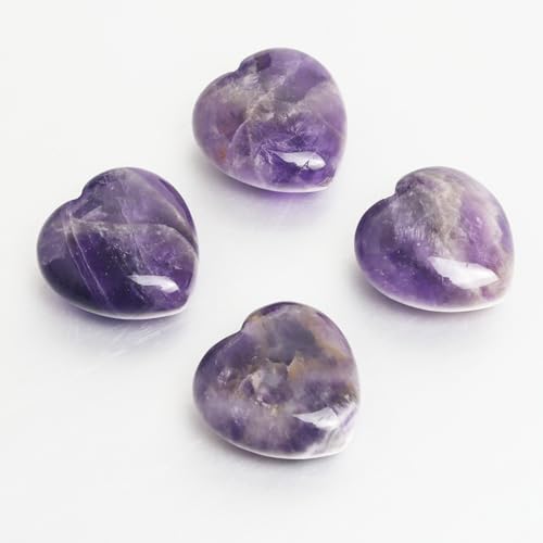 Amethyst Heart Worry Stones, 1.2 Inch, Set of 4 | Polished Heart Crystals, Palm and Pocket Stones, Reiki Meditation Accessories, Love Carved Stones, Crystal Gift Set - color: Amethyst