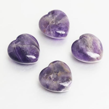 Amethyst Heart Worry Stones, 1.2 Inch, Set of 4 | Polished Heart Crystals, Palm and Pocket Stones, Reiki Meditation Accessories, Love Carved Stones, Crystal Gift Set - color: Amethyst