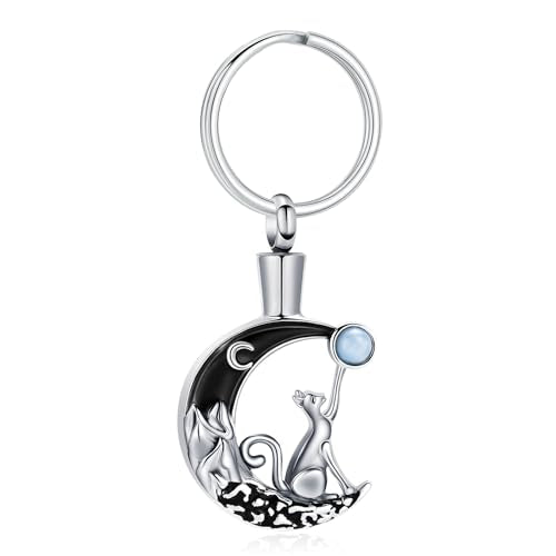 constantlife Cat Moon Urn Necklace for Women Pet Cremation Jewelry for Ashes Stainless Steel Pendant Funeral Keepsake Loved Ones Memorial Gift - color: Silver Keychain