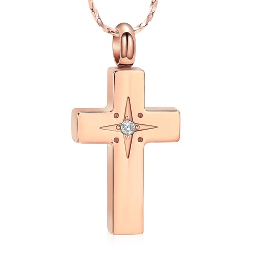 Imrsanl Cross Urn Necklace for Women Men Cremation Jewelry for Ashes Memorial Pendant Human Pet Funeral Ashes Holder Keepsake - color: Rose Gold