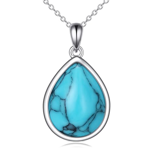 CRMAD Larimar/Opal/Lapis Lazuli/Tourmaline/Malachite/Labradorite/Turquoise/Onyx/Rose Quartz/Amber/Peridot Necklace for Women 925 Sterling Silver Teardrop Pendant Jewelry Gifts - color: Turquoise