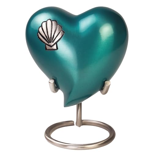 Shells of The Sea Heart Keepsake Cremation Urn for Ashes, Brass, Aqua Urn, Keepsake Sized Cremation Urn, 3 Inches Wide - color: Shells of the Sea - Aqua