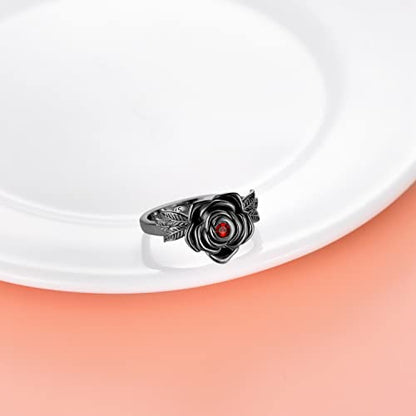 925 Sterling Silver Rose Flower Cremation Urn Ring Holds Loved Ones Ashes Cremation Keepsake Ring Jewelry Embellished with Crystals from Austria - color: Black-Always in my heart