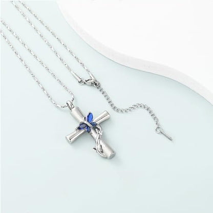 Imrsanl Cross with Butterfly Urn Necklaces for Ashes for Women - color: Silver Blue