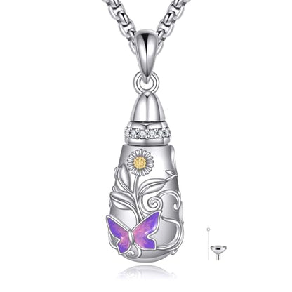 925 Sterling Silver Urn Necklace for Ashes, Teardrop/Tree of Life/Sunflower/Dragonfly/Sea Turtle/Celtic Knot/Elephant/Hummingbird Memorial Cremation Pendant Necklaces for Animal Human Ashes - color: N: Butterfly