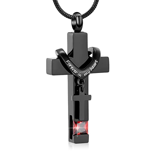 Forever in My Heart Birthstone Personalized Double Cross Urn Pendant Cremation Jewelry for Ashes Cross Ashes Keepsake - color: Red