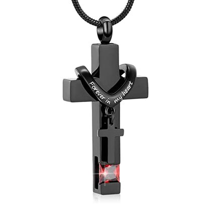 Forever in My Heart Birthstone Personalized Double Cross Urn Pendant Cremation Jewelry for Ashes Cross Ashes Keepsake - color: Red