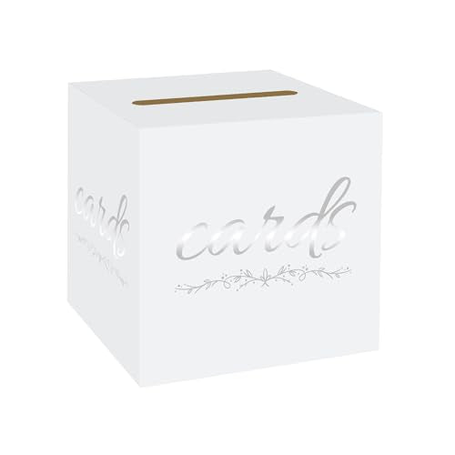 Wedding Card Box with Slot White Silver 7.8 in Baby Shower Party | Graduation, Birthday, Bridal Shower, Wedding Reception, Holds Cards & Envelopes, Gift Cards, Easy Assembly, Folds Flat - color: WhitekSilverFlower