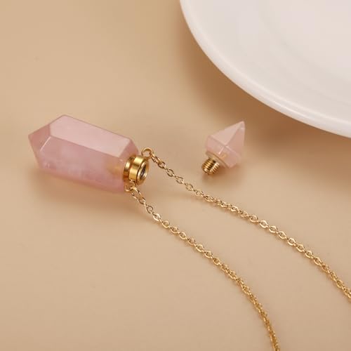 Gold Stainless Steel Urn Necklace For Ashes Of Loved Ones Natural Crystal Gemstones Cremation Keepsake Jewelry Hexagonal Prism Memorial Pendant For Women Mom - color: Pink