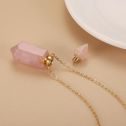 Gold Stainless Steel Urn Necklace For Ashes Of Loved Ones Natural Crystal Gemstones Cremation Keepsake Jewelry Hexagonal Prism Memorial Pendant For Women Mom - color: Pink
