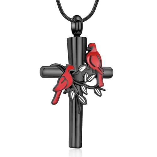 Cremation Jewelry Cardinal Cross Urn Necklace for Ashes Stainless Steel Memorial Keepsake for Human/Pet Ashes, Sympathy Gift for Loss of Loved One - style: Black