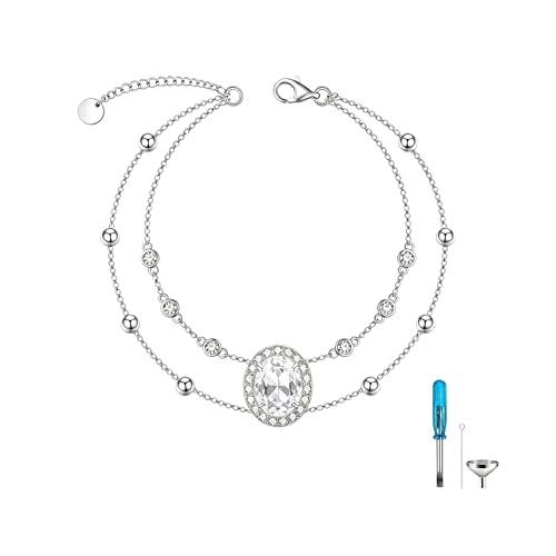 Cremation Urn Bracelets 925 Sterling Silver Double Layered Cremation Ash Bracelet for Ashes with 12 Months Birthstone Urn Jewelry for Women Loved One Animals,Chain Length 7"+2" Extend - color: 04-April
