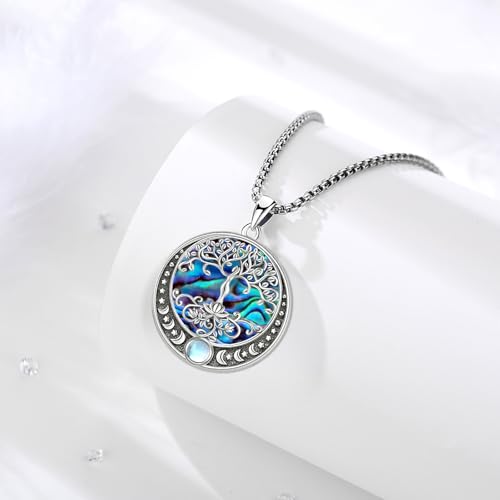 Sterling Silver Tree of Life Necklace for Women Oval Family Tree Necklace Abalone Shell Moonstone Pendant Mother Day Necklace for Mom Tree of Life Jewelry - style: Tree of Life-Moon Phase