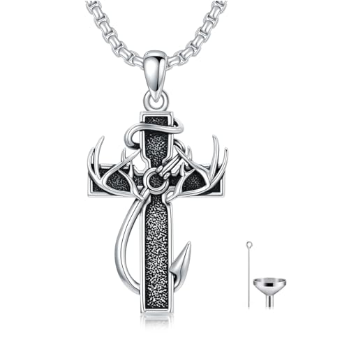 Cross Urn Necklace for Ashes Fish Hook Antler Cremation Pendant 925 Sterling Silver Nail Cross Memorial Jewelry Engraving Name Keepsake Gifts for Men Dad Husband - color: 1-Oxidation, style: 1-No custom