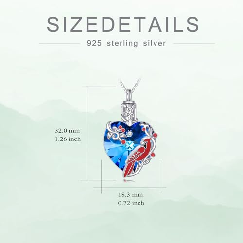 TOUPOP Sterling Silver Urn Necklace for Ashes with Crystal Memorial Keepsake Dragonfly/Butterfly/Cardinal/Cat/Dolphin Cremeation Jewelry Birthday Mothers Day Christmas Gifts for Her Women - style: Cardinal
