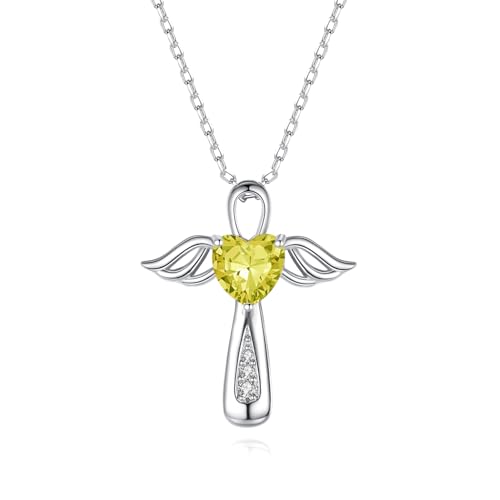 YLT S925 Sterling Silver Cross Angel Wings Necklace for Ashes | Cremation Urn Pendant Birthstone Jewelry Memorial Keepsake Memory Ashes Jewelry Gifts - color: Olivine