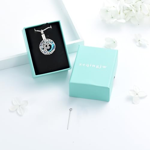 zeqingjw Pet Cremation Jewelry Tree of Life Urn Necklace for Ashes for Dog/Cat Funeral Ashes Keepsake Paw Print Urn Pendant Memorial Jewellery - color: Silver-Blue