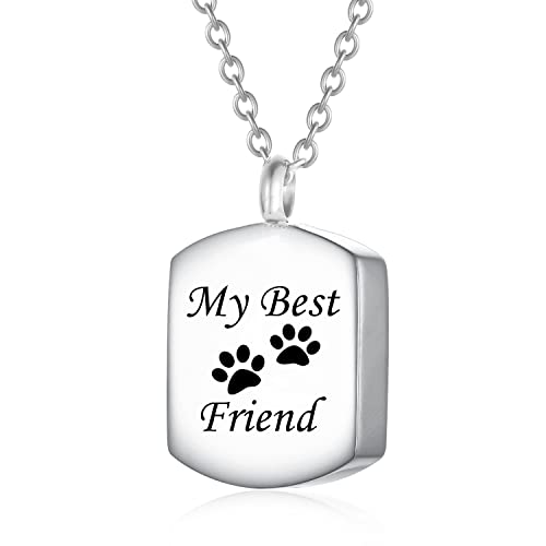 Stainless Steel Square Cremation Dog Tag Urn Necklace for Ashes — Pet Memorial Keepsake Jewelry for Dogs & Cats, Paw Print and Tree of Life Pendant for Women Men, Sympathy Bereavement Gift - color: Silver-1