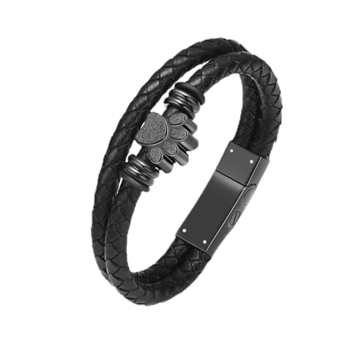 Hearbeingt Paw Print Urn Bracelet for Pet Cremation Jewelry for Ashes Leather Memorial Bracelets for Women Men Stainless Steel Cat Dog Keepsake Bangle Jewelry for Ashes of Loved Ones - color: Black 22cm