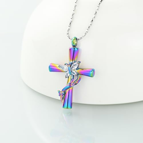 Imrsanl Cross with Butterfly Urn Necklaces for Ashes for Women - color: Colorful White