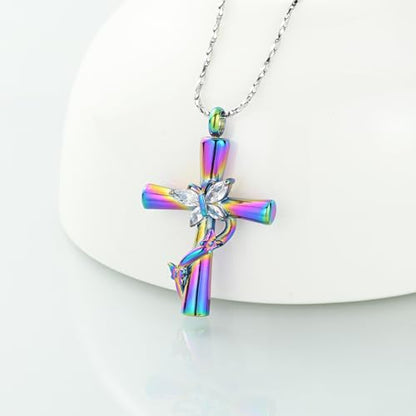 Imrsanl Cross with Butterfly Urn Necklaces for Ashes for Women - color: Colorful White