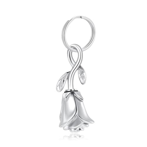 zeqingjw Urn Keychain Cremation Jewelry for Ashes Rose Flower Memorial Keychain Funeral Keepsake Ashes Pendant Gift - color: Silver