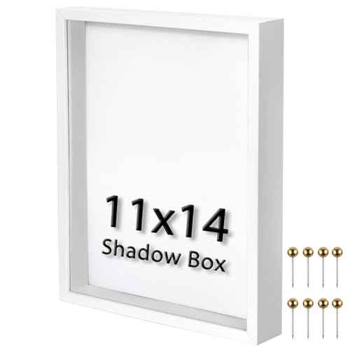 11x14 Shadow Box Frame | Soft Linen Back & Push Pins Included, Polystyrene Glass Memory Display Case for Flowers, Tickets & Cherished 3D Items, White - color: White, size: 11x14